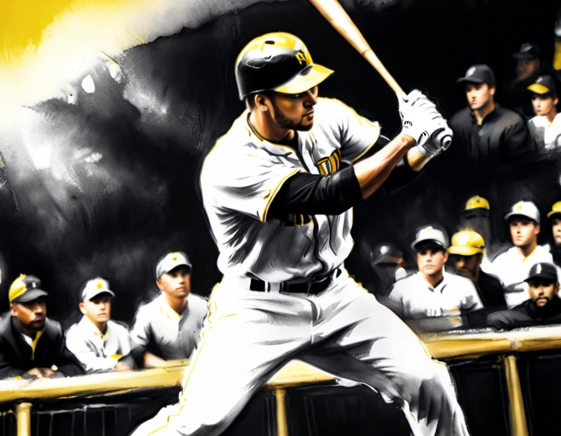 Charcoal work of art, ((using only black, white and yellow:1.5)) masterpiece, a baseball player hitting a home run in baseball game, highest quality, Best aesthetics), best details, best quality, highres, ultra wide angle, 16k, [ultra detailed], masterpiece, best quality, (extremely detailed), CharcoalDarkStyle