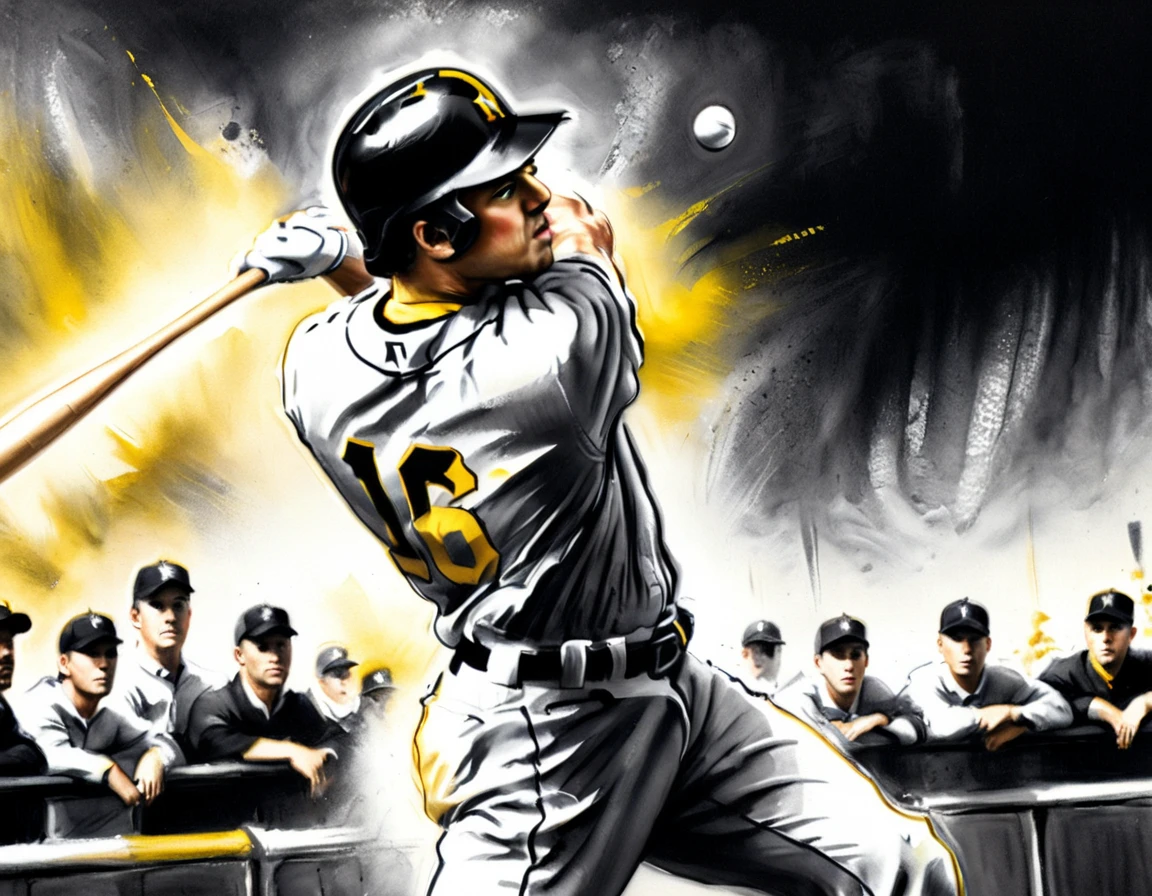 Charcoal work of art, ((using only black, white and yellow:1.5)) masterpiece, a baseball player hitting a home run in baseball game, highest quality, Best aesthetics), best details, best quality, highres, ultra wide angle, 16k, [ultra detailed], masterpiece, best quality, (extremely detailed), CharcoalDarkStyle