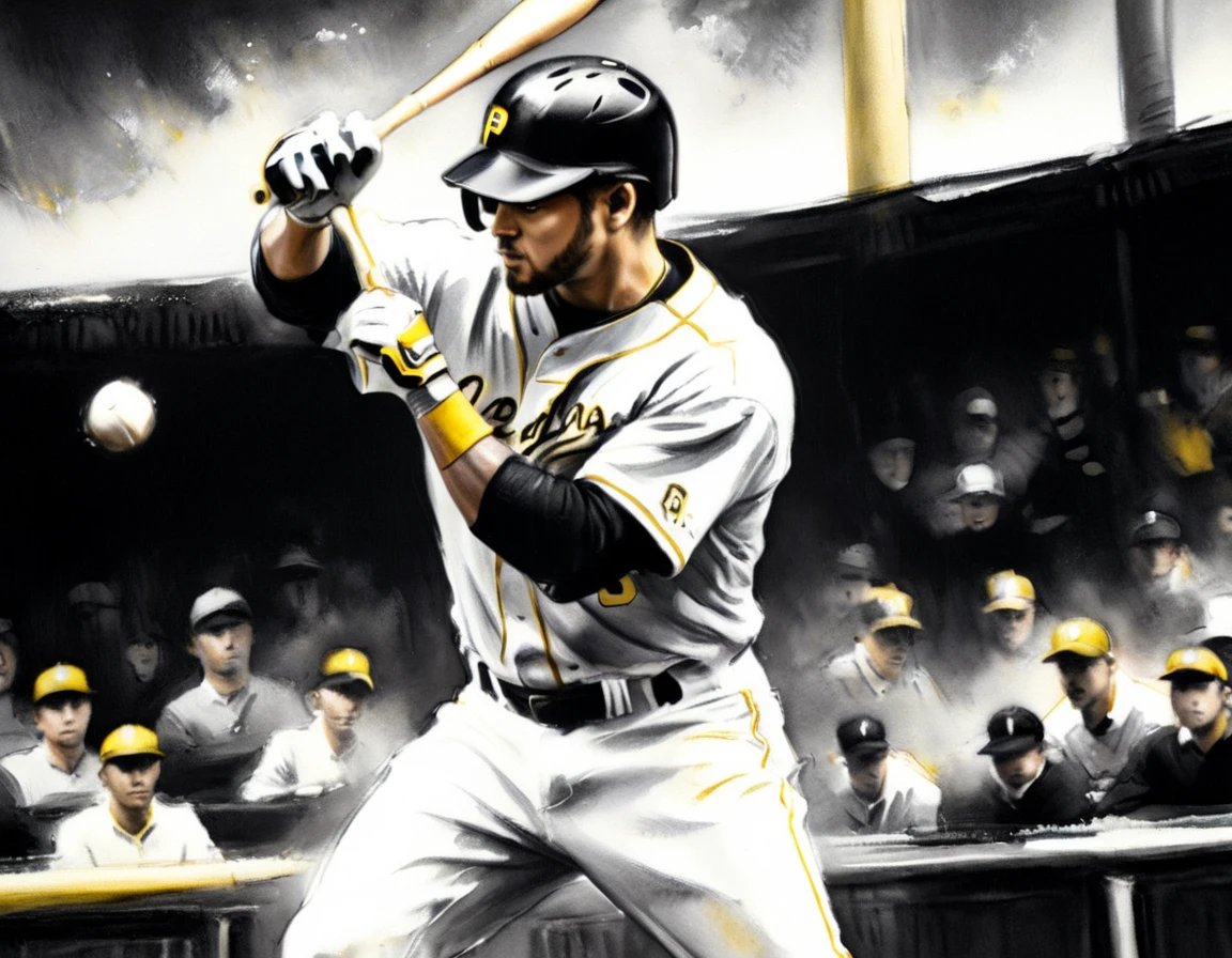 Charcoal work of art, ((using only black, white and yellow:1.5)) masterpiece, a baseball player hitting a home run in baseball game, highest quality, Best aesthetics), best details, best quality, highres, ultra wide angle, 16k, [ultra detailed], masterpiece, best quality, (extremely detailed), CharcoalDarkStyle