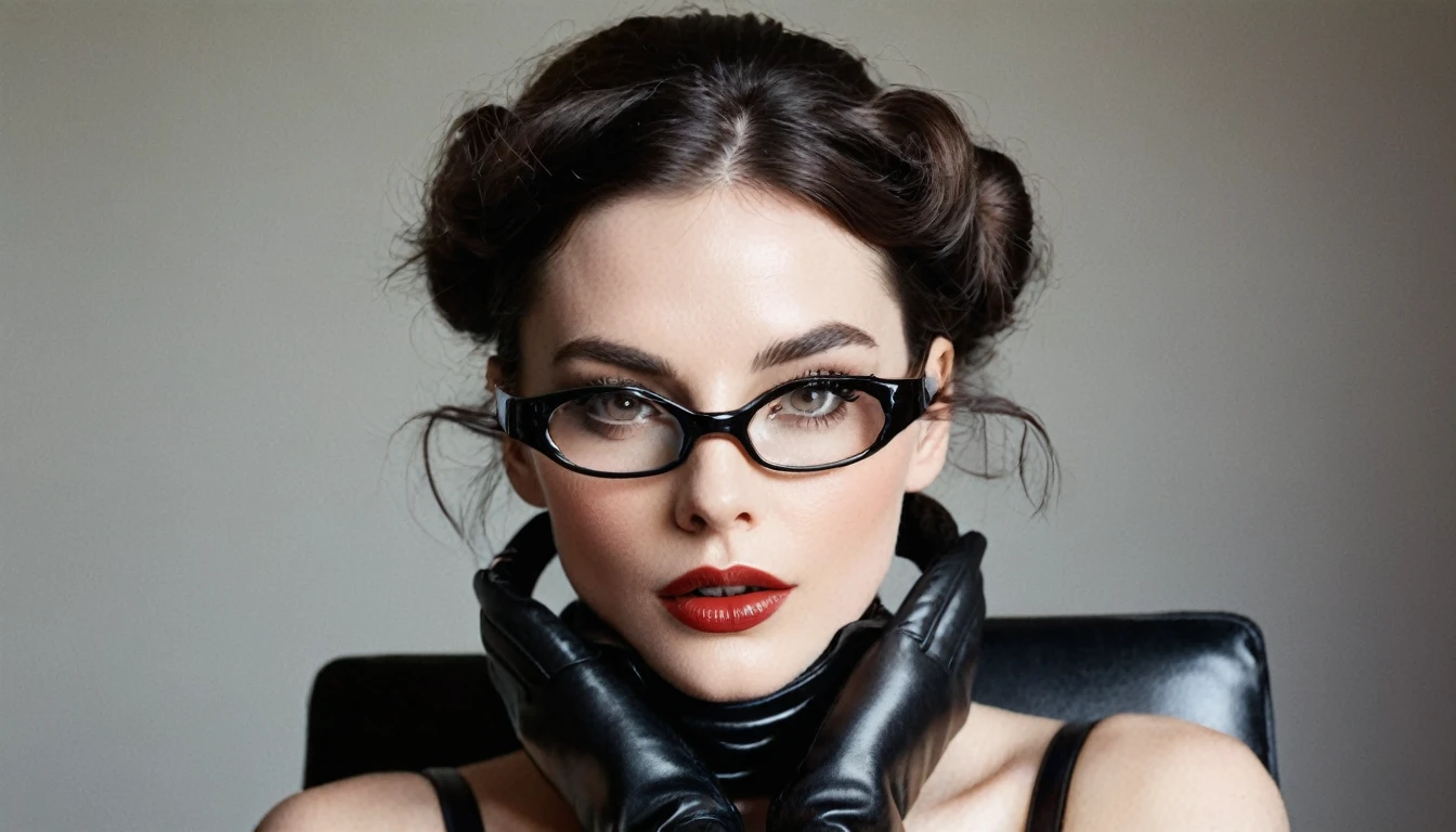 A polaroid shot of an intelligent 35-year-old dominant brunette with disheveled hair, a very thin face, pale white skin, very high cheekbones, large full lips, the largest lips, small glasses, deep mouth, dark plump glossy lips, very bright makeup. Very thin. Naked sexy model. in bdsm style. very small breasts. Wearing in leather gloves. A magnificent hairstyle. Shiny steel bracelets on top of black gloves. and Shiny steel bracelet necklaces are on her wrists. She wears a leather harness over her head and face. Leather garters on his feet. He sits impressively in an armchair in sexy pose. 
