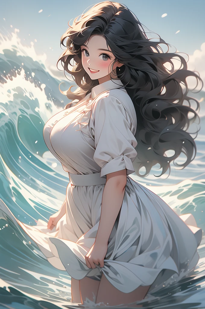 voluptuous, wide grin, maid uniform, black hair, standing in waves