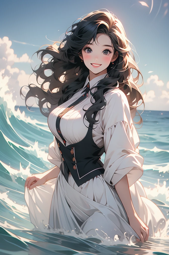 voluptuous, wide grin, maid uniform, black hair, standing in waves