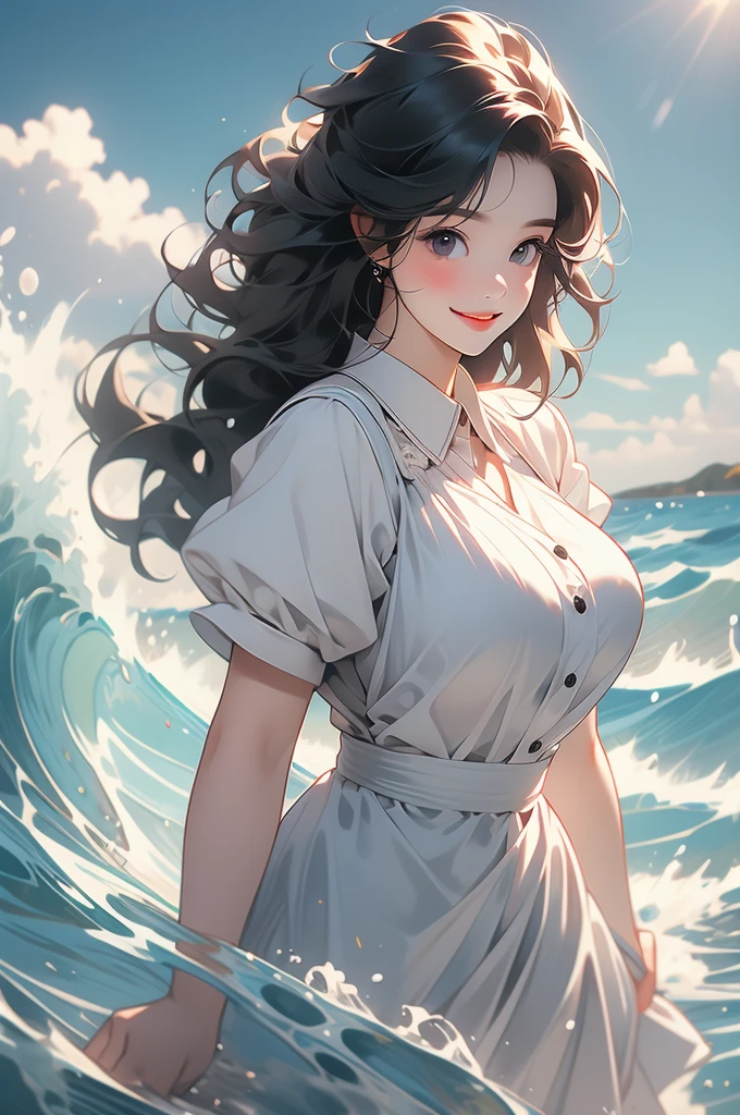 voluptuous, wide grin, maid uniform, black hair, standing in waves