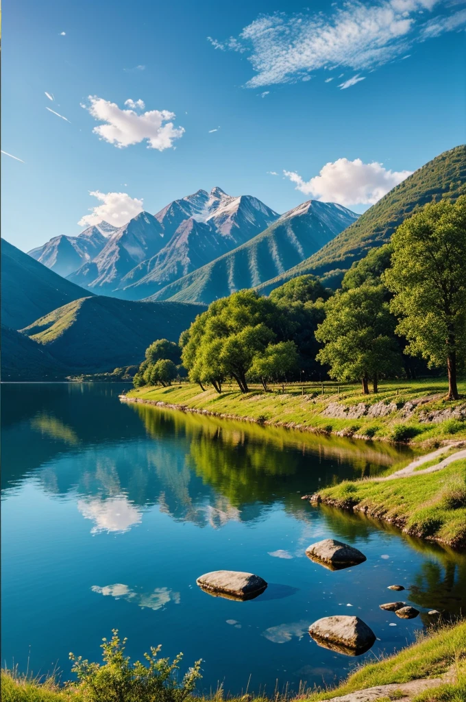 Generate a painting on environment and nature containing plats, animals, water, sky
