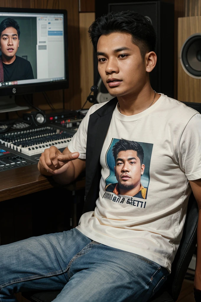 a reallistic caricature, a young Indonesian man sitting in front of a screen, a chest-high table in front of him, wearing a blazer and a t-shirt that says "59 second ", in a recording studio, apparently explaining something 