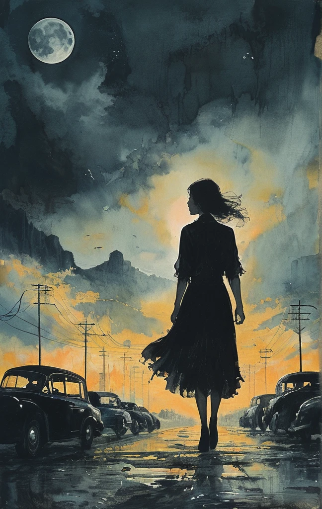 A woman walks in the pitch-dark streets, drooping her head as if in the depths of despair, The woman in despair is suddenly illuminated by the headlights of an intensely bright car and the world is instantly illuminated in a bright white light