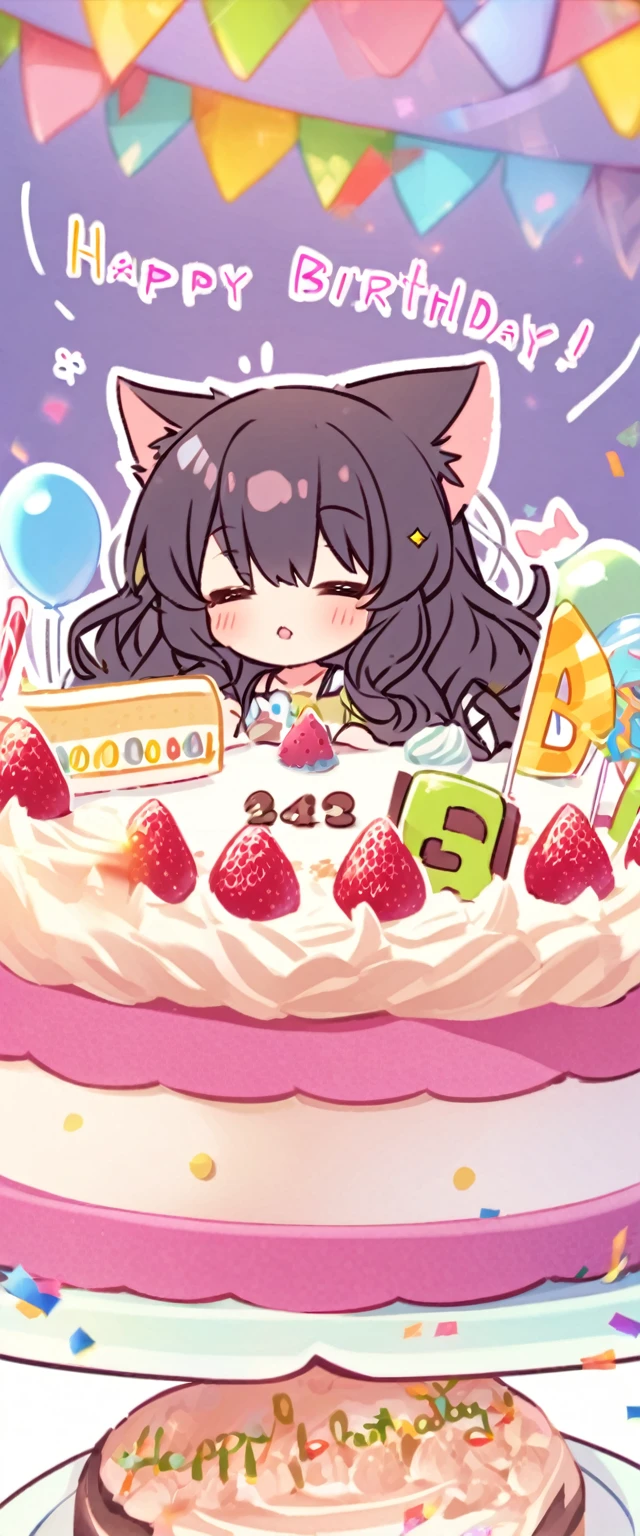 birthdaycakeをもって笑っている、cute、Happy Birthday、Sleepy、Confused eyes、Long wavy hair、Cat ear、birthday、cake