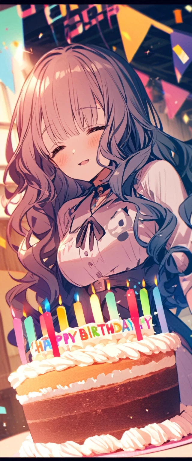 birthdaycakeをもって笑っている、cute、Happy Birthday、Sleepy、Confused eyes、Long wavy hair、Cat ear、birthday、cake