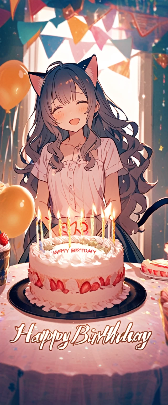 birthdaycakeをもって笑っている、cute、Happy Birthday、Sleepy、Confused eyes、Long wavy hair、Cat ear、birthday、cake