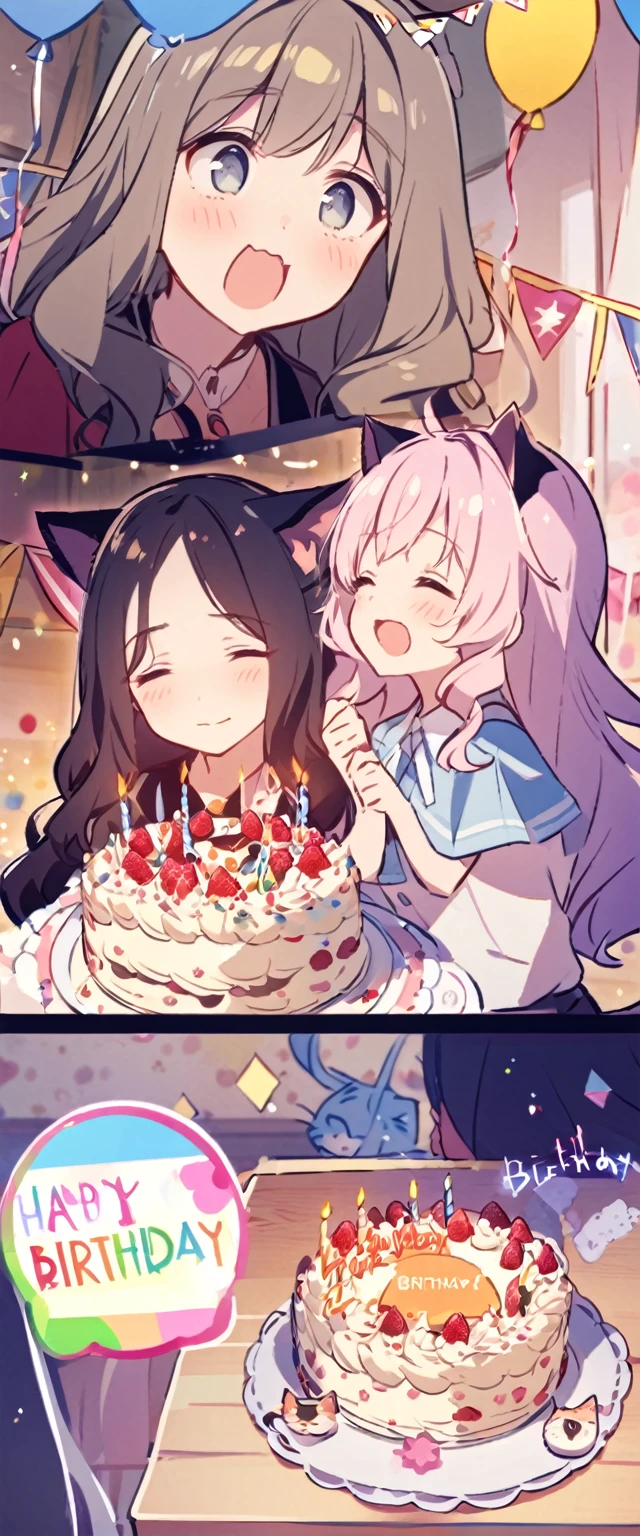 birthdaycakeをもって笑っている、cute、Happy Birthday、Sleepy、Confused eyes、Long wavy hair、Cat ear、birthday、cake