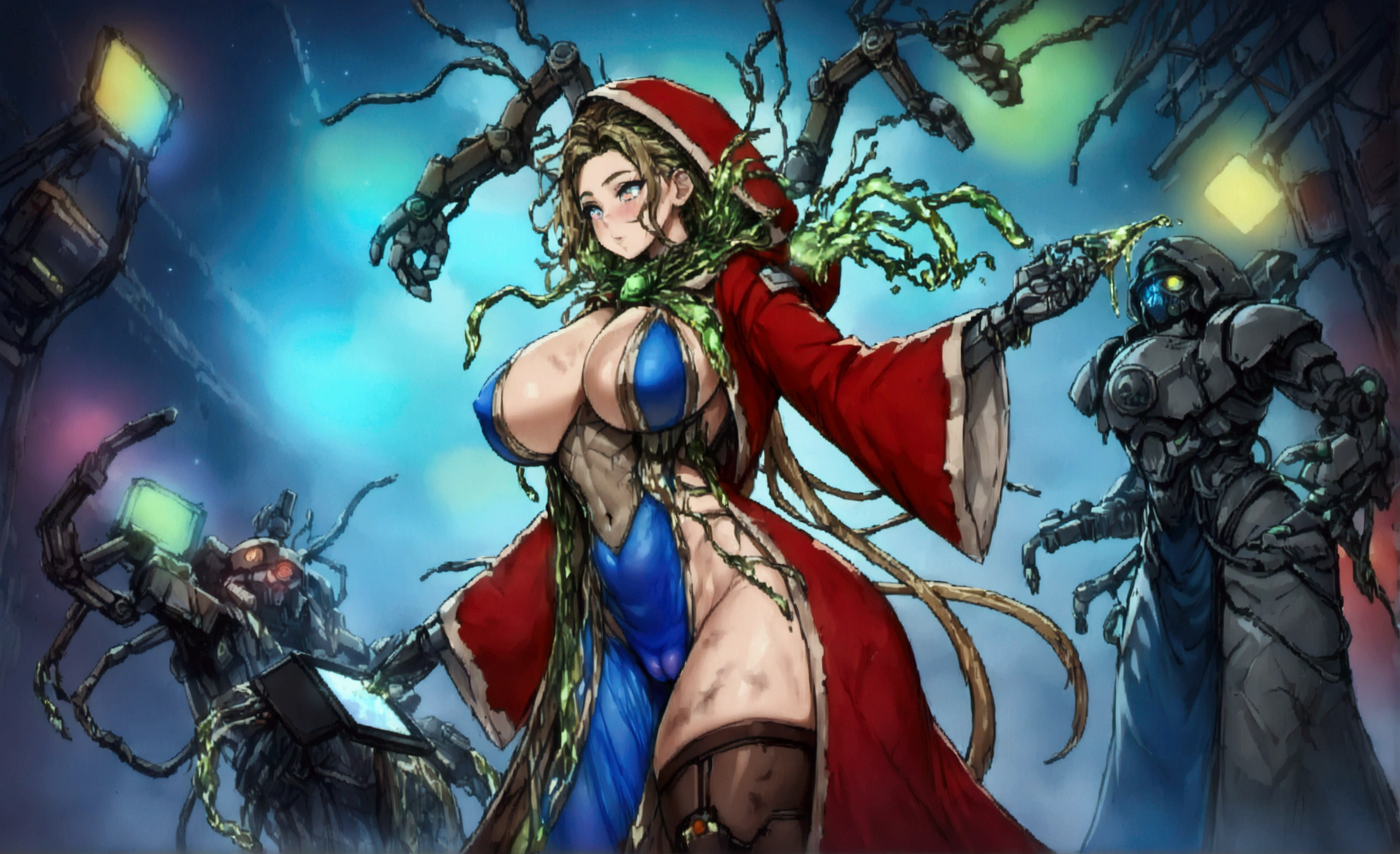 very big tits ((Masterpiece, The best quality)), illustration, 8K ultra detailed, realist, clear focus, Very detailed, Professional lighting, colorful details, Rainbow color break, high rise factory, large mechanical robot structure, tablet, computer, ((glow)), intricate details, shitu-mecha, 1 girl, mecha, belly button, color image, (cyberpunk), (redder hair: 1.2) big tits very sexy very big tits extremely big tits big cameltoe cameltoe cameltoe big cameltoe big,yellow red hair,Yellow hair, ((techpriest)), mechanical arms, obtained mechanic, Big fully naked. ((washed up red flowing modest ornate hooded technopriest dress, Dirty (red robes with oil stain)))
