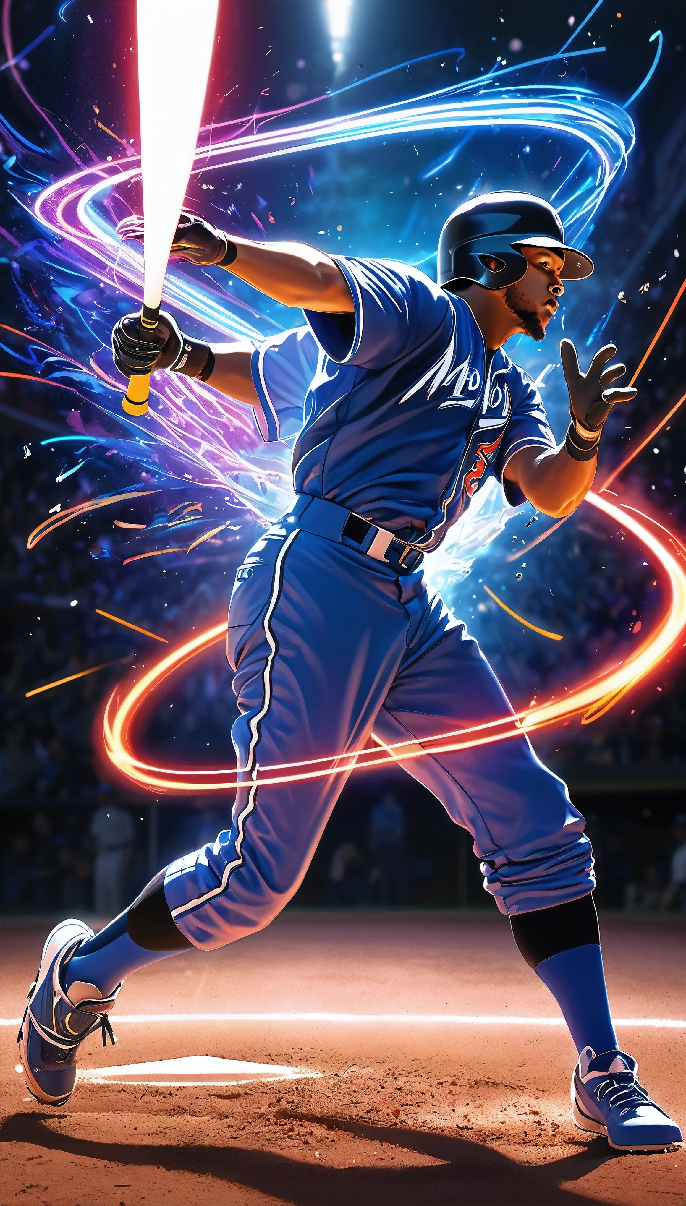 Neon art motion capture, Expressing the dynamic performance of baseball players, Detailed and realistic baseball players, Realistic Babe, Legendary plays from the world star who won the MVP award, Animated background with emphasis on impact, 