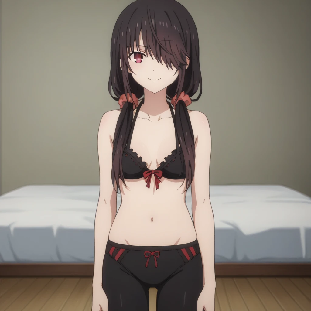 score_9, score_8_up, score_7_up, source_anime,
kurumitokisaki, kurumi tokisaki, black hair, red eyes, long hair, (bunches)
bare shoulder, ribbon, Black bra, bikini, briefs, hair over one eye, black bikini, twintails, low twintails, black silk leggings
on the bed, smile,
looking at viewer, solo, standing on the floor, kissing posture,