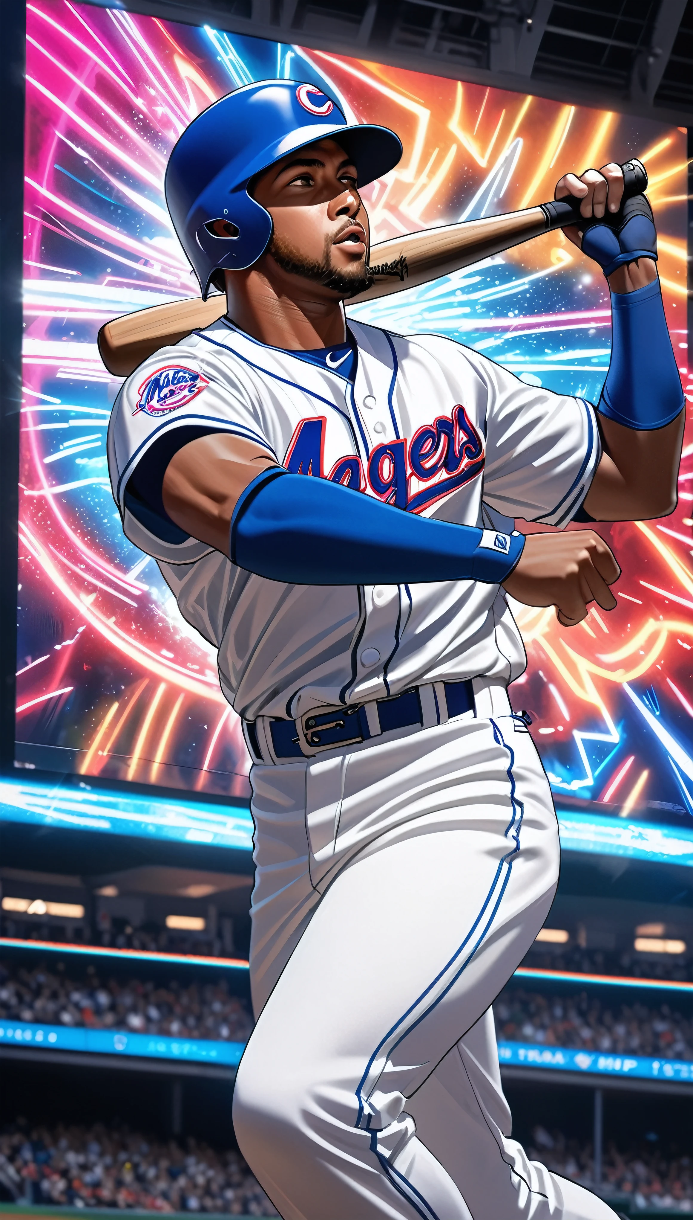 Neon art motion capture, Expressing the dynamic performance of baseball players, Detailed and realistic baseball players, Realistic Babe, Legendary plays from the world star who won the MVP award, Animated background with emphasis on impact, 