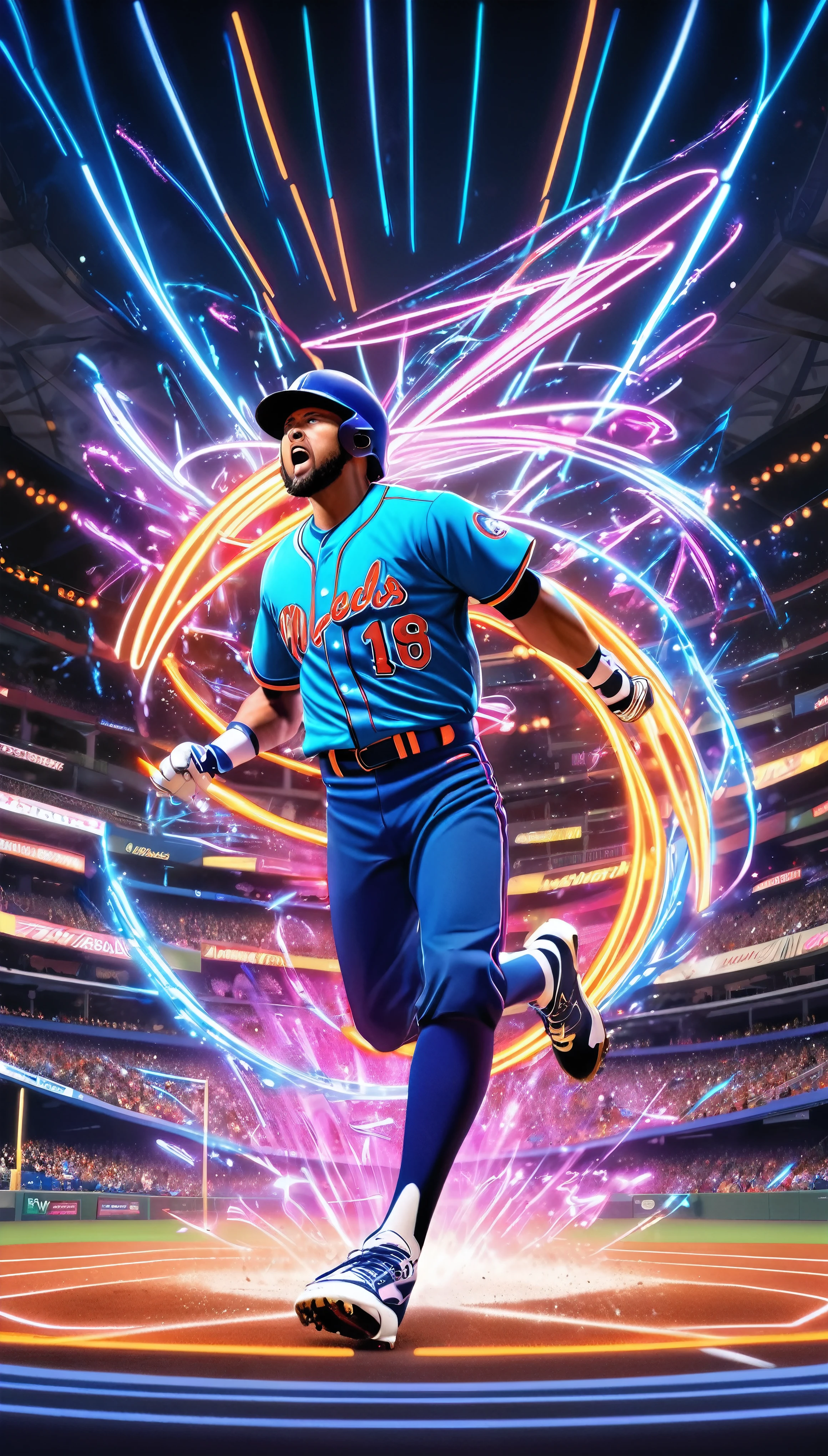 Neon art motion capture, Expressing the dynamic performance of baseball players, Detailed and realistic baseball players, Realistic Babe, Legendary plays from the world star who won the MVP award, Animated background with emphasis on impact,