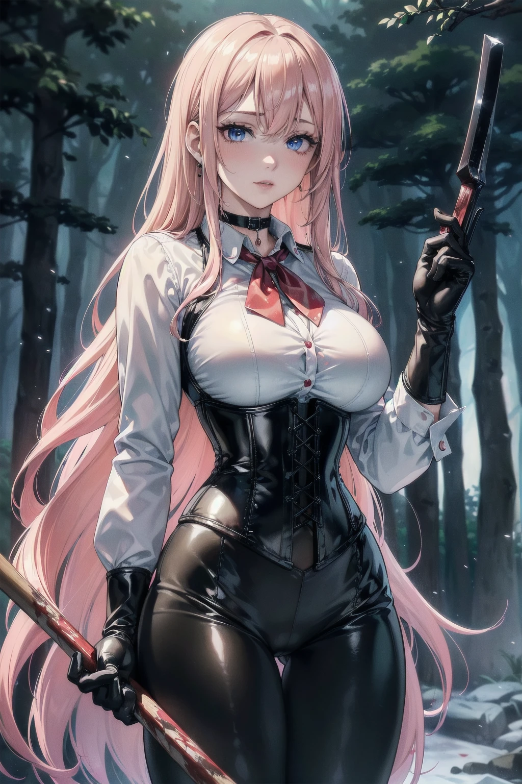((blood droplets)), ((blood)), ((blood splatter)), ((blood on clothes)) ((blood stain)), Masterpiece, Superior image quality, high resolution, 4k image,photo and gross, photorealistic, whole body, distant view, 1 young man of 15 years, {{{vagina}}}, big breasts, beautiful face, Long blonde hair, blue eyes, very detailed eyes, pink cheeks, shy expression, choker:1.6, (white collar button down long sleeve shirt), black gloves, gloves that cover hands, (holding an ax in the right hand), (black leather corset), (shiny black leggings), Sensual Lips, show details in the eyes, View from the front, looking at the viewer, dark forest path, evening, Atmosphere, fog