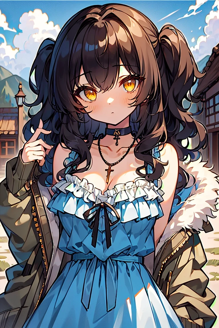 (masterpiece:1.2), (high quality:1.2), girls with((1girl, solo, black hair, yellow eyes, smiling, (wavy long hair, millitary beret, hairclips:1.3), blush, breasts, choker, cleavage, coat, cowboy shot, blue lace dress, camisole, ribbon waist belt, black ribbon belt, red bow, red ribbon, neck ribbon, collar, collarbone, rosary, rosary choker, cross, fur, fur trim, parka, khaki hoodie, green hoodie, khaki jacket, hood down, hooded coat, hooded jacket, hoodie, jacket, large breasts, long sleeves, medium breasts, open clothes, open coat,open hoodie, sleeveless, winter clothes, zipper, cleavage, upper body, hand up, waving, palm)), background with((architecture, blue sky, bush, castle, village, no humans, cloud, cloudy sky, day, field, garden, grass, hill, house, lamppost, landscape, mountain, mountainous horizon, nature, no humans, outdoors, scenery, shrine, sky))