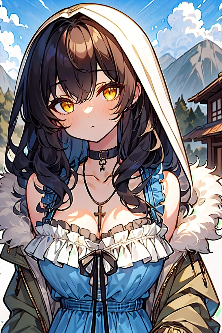 (masterpiece:1.2), (high quality:1.2), girls with((black hair, yellow eyes, (wavy long hair, one side up:1.3), bare shoulders, breasts, choker, cleavage, coat, collar, collarbone, cowboy shot, dress, blue clothes, camisole, (rosary, rosary choker, cross:0.7), necklace, fur, fur collar, fur trim, hood down, hooded jacket, hoodie, jacket, large breasts, long hair, long sleeves, black belt, suspenders, medium breasts, medium hair, necklace, open clothes, open hoodie, sleeveless, solo, winter clothes, zipper, cleavage, upper body, hand up, waving, palm)), background with((architecture, blue sky, bush, castle, village, no humans, cloud, cloudy sky, day, field, garden, grass, hill, house, lamppost, landscape, mountain, mountainous horizon, nature, no humans, outdoors, scenery, shrine, sky))