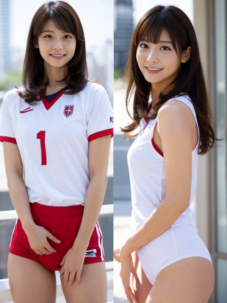 Highest quality, masterpiece, Ultra-high resolution, (Realistic:1.4), Raw photo, One girl, The most famous Japanese actresses, Wearing a volleyball uniform, Very beautiful face, very beautiful big eyes, Very beautiful short hair, Very beautiful skin, Very beautiful long eyelashes, Very beautiful lips, Very beautiful hips, Very beautiful thighs, Upturned buttocks, Dynamic Pose, An innocent smile