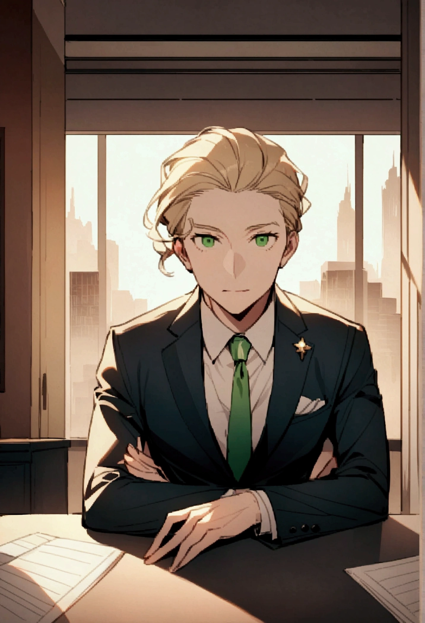 Portrait of a Sao Paulo businessman sitting behind a desk in a suit. The man must be white, gray brown hair, green eyes, Wearing round black glasses, beautiful and elegant image should be 8K、Behind it, you can see a dark bookshelf with many books.、looking at the camera
