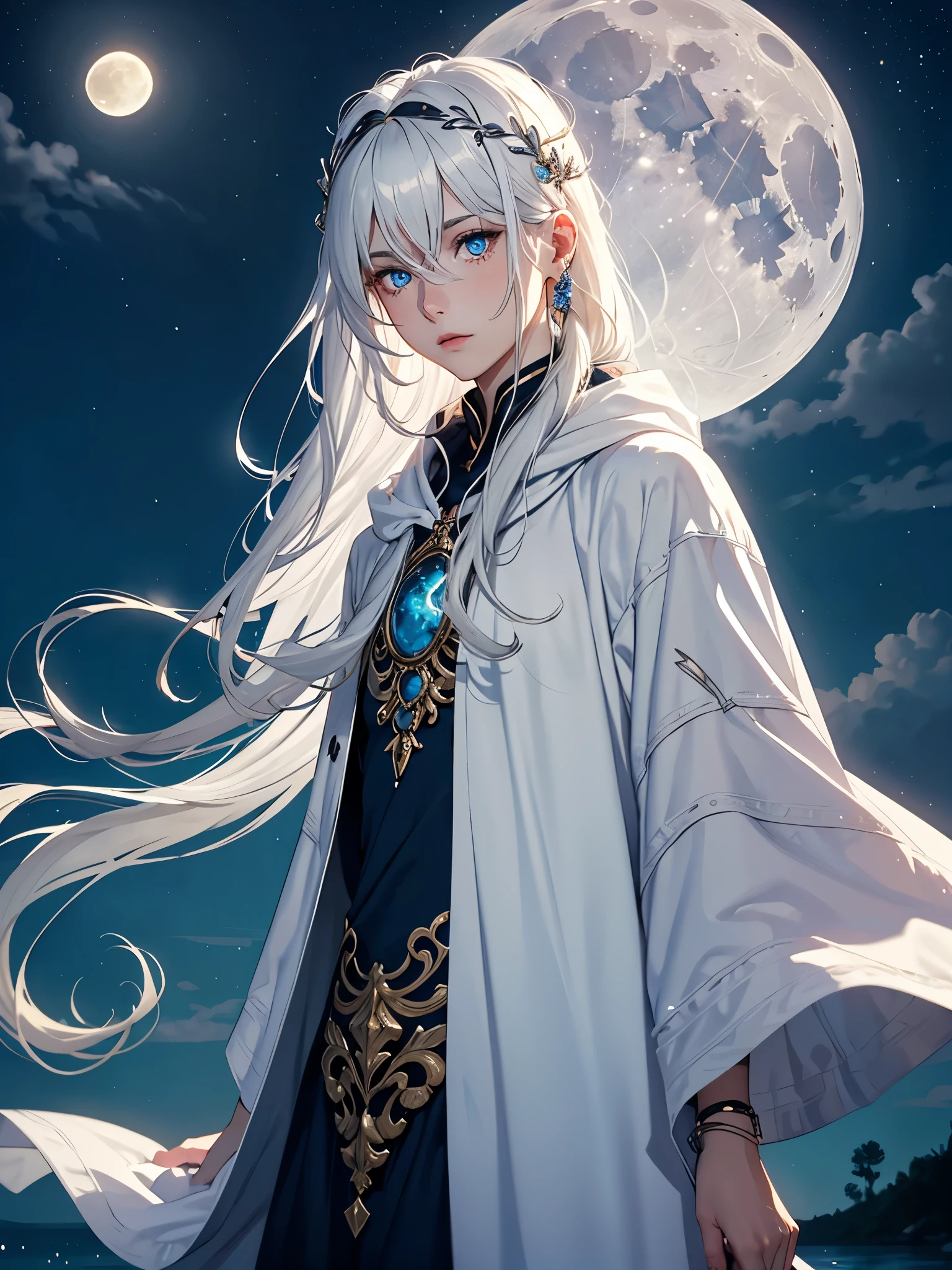 Girl. Long hair. long white hair. aquatic, boy, Goddess of the Moon, silver hair accessories, White hair, White dress, cape, at night, saturated colors, light eyes, bright, light blue light, blue eyes, Jewelry silver, bluish light, Full moon in the background, aquatic in der Luft rosa kerzen