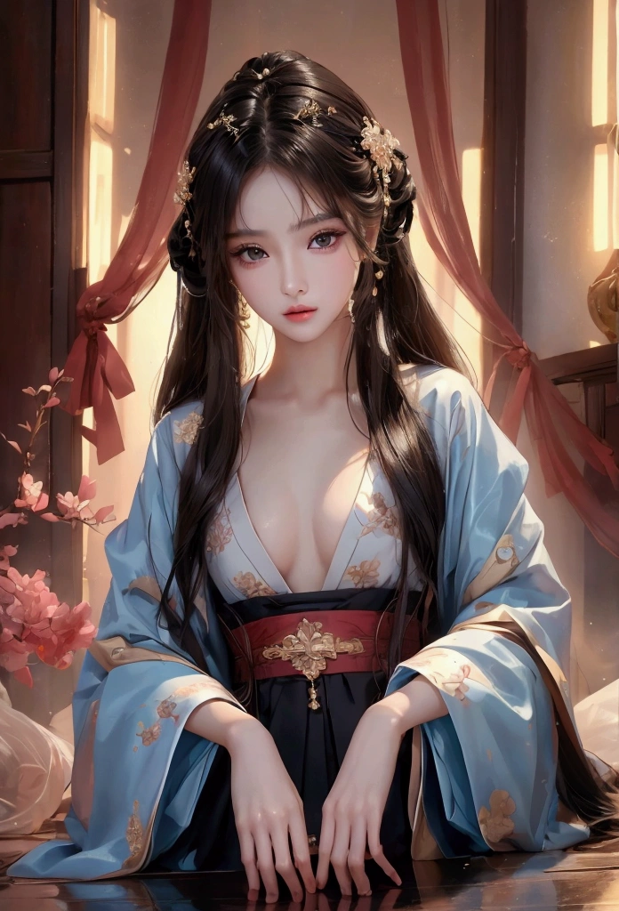 Best image quality、8K、masterpiece：1.3))、Realistic high-quality photos、Highest quality、 Beautiful face、Photos of slim models、Beautiful girl model、Young and pretty face、Beautiful model girl、A lovely and delicate face、Black Hair、Beautiful brown eyes、Young Body、Hanfu, (emphasize)、from the front、Camera gaze,、Anatomically correct、胸の谷間をemphasize、whole body、13-year-old female model