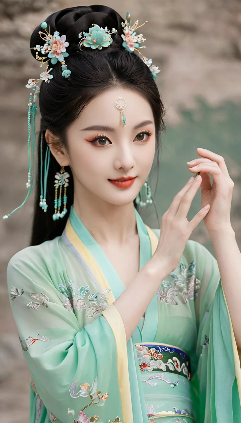 Beautiful dancers in ancient China,Exquisite lines,China&#39;s gorgeous costumes,Delicate and vivid,Shy face,Willow Leaf Eyebrows,Character Description,Curly hair,Gold Leaf,Flowing Clouds,watercolor,crane surrounding,Ink Painting,Gentle eyes,meticulous, coloring scheme,Beautiful clothing patterns,author：Gu, Kaizhi,Zhang Xuan,Professional color grading,Realistic style,Soft shadows,smooth and sharp focus,photography,panoramic,32K --v 6