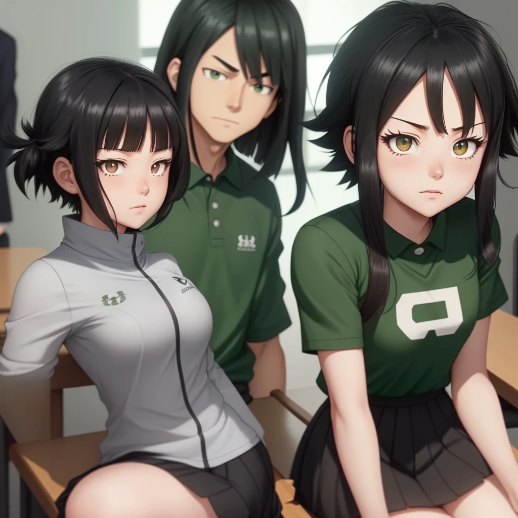 Screenshot of my hero academia.
Black hair girl with long green, He has gray eyes and has a serious expression. She is wearing the UA uniform and in the background she has a UA school class and she is sitting at a table 