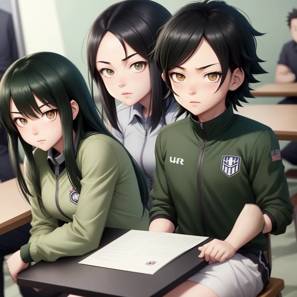 Screenshot of my hero academia.
Black hair girl with long green, He has gray eyes and has a serious expression. She is wearing the UA uniform and in the background she has a UA school class and she is sitting at a table 