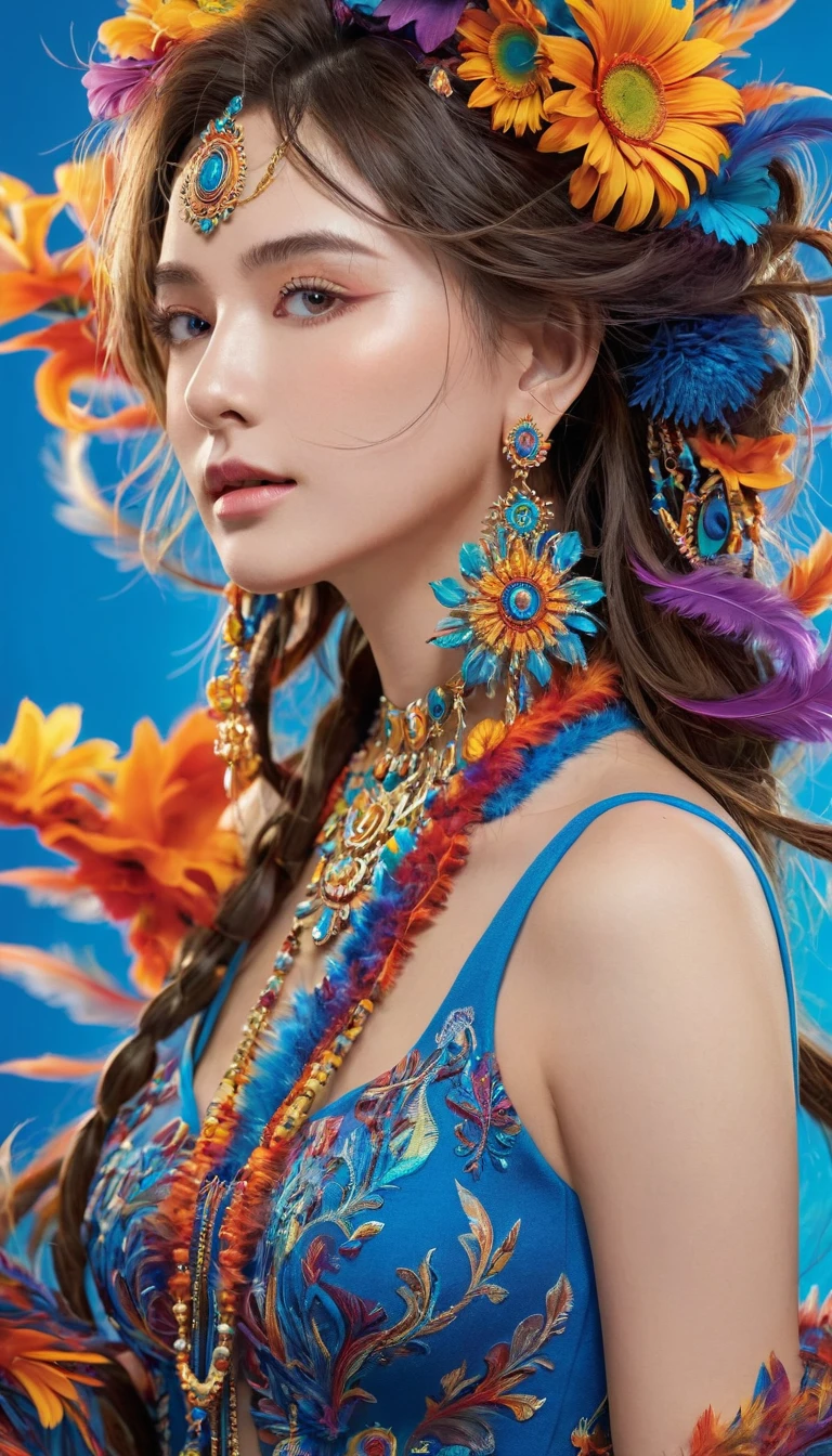 (Official Art, beautiful and aesthetic:1.2), (1 Girl:1.3),(Fractal Art:1.1),(rich and colorful:1.1)(Flowers:1.3),The most detailed,(tangled:1.2), whole body, (Blue Background:1.3), (Glowing skin), (Many colors:1.4), ,(earrings), (feather:1.5),