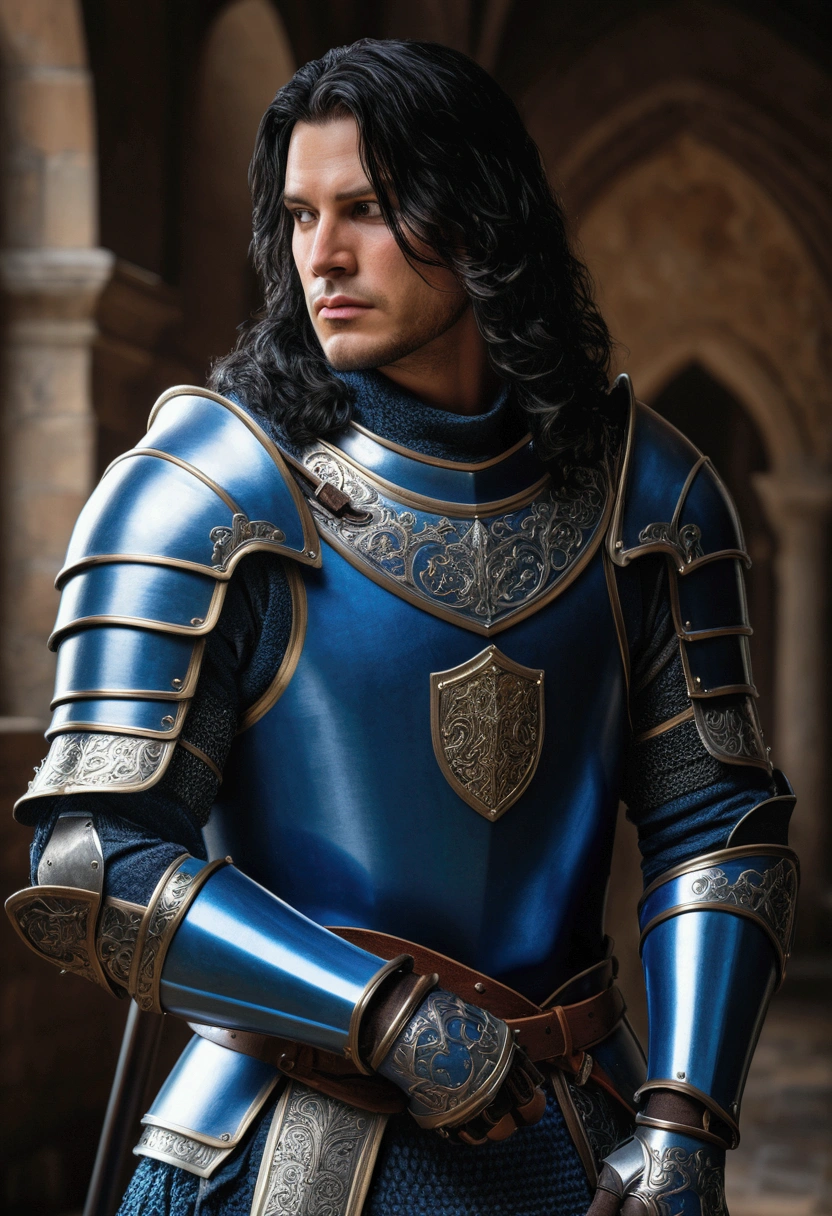 a handsome noble knight, detailed armor, long black hair, blue and black clothes, elbow protectors, knee protectors, hand armor, leg armor, (best quality,4k,8k,highres,masterpiece:1.2),ultra-detailed,(realistic,photorealistic,photo-realistic:1.37),intricate details,chiaroscuro lighting,cinematic composition,dramatic lighting,dark fantasy,moody atmosphere,rich colors