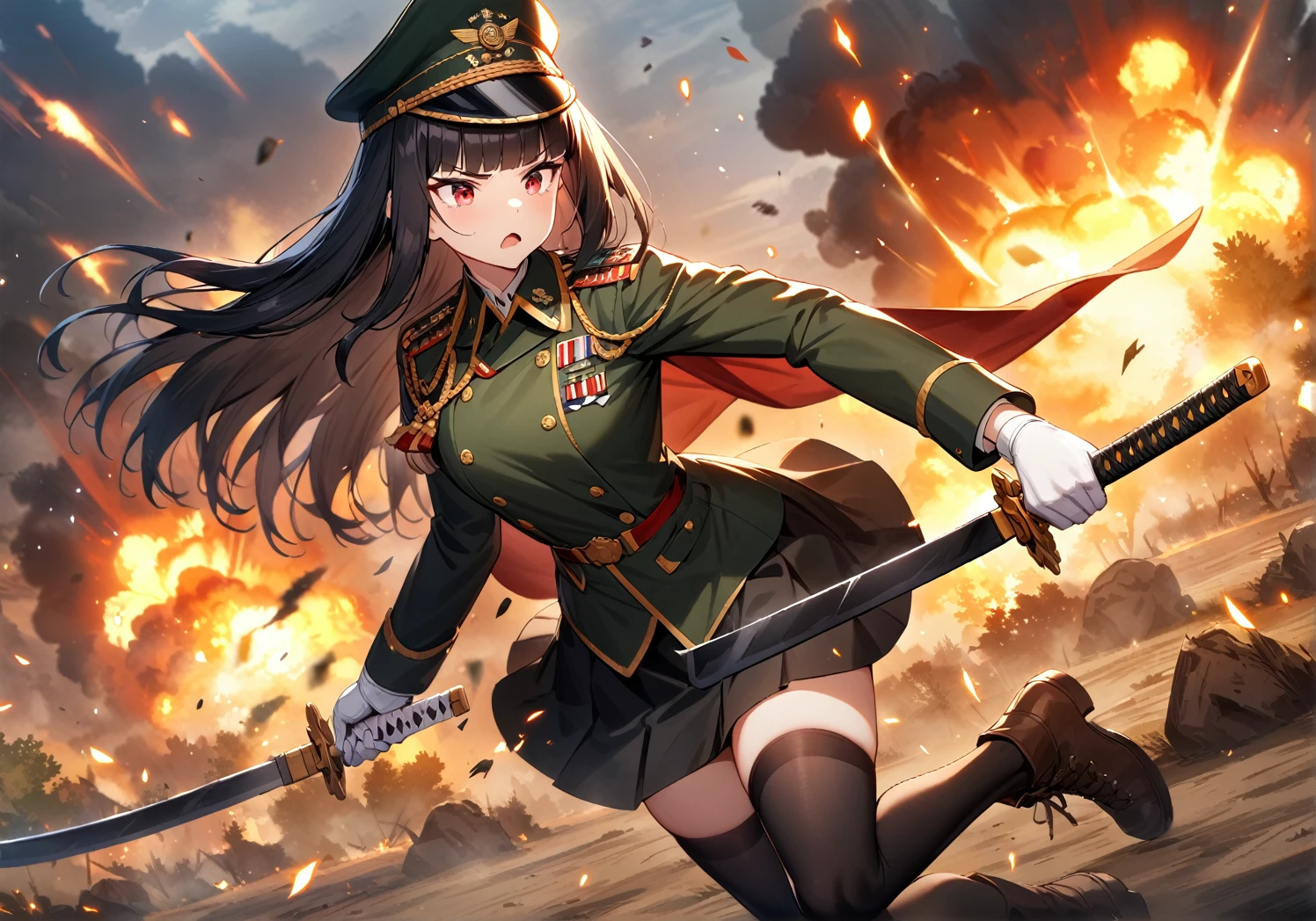 (masterpiece, best quality, very aesthetic, absurdres:1.2), game cg, 1girl, solo, black hair, long hair, straight hir, blunt bangs, hime cut, red eyes, (military jacket, black millitary jacket:1.2), cape, (millitary hat, black skirt:1.2), black thighhighs, black millitary boots, military uniform, gloves, white gloves, frown, (holding weapon, holding katana, dual sword:1.2), open mouth, battle field, wilderness, flame, explosion