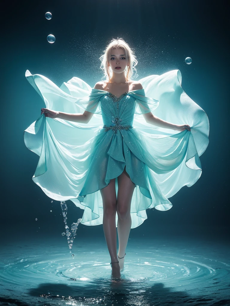 Young woman wearing a dress entirely made of transparent flowing water. Fluid, cascading gown with dynamic water movement. creating a mesmerizing blend of flowing liquid and delicate bubble structures. Dynamic poses, dancing, Shimmering, iridescent water surface with rainbow reflections on bubble areas. Water drops of various sizes forming the dress's texture. High-detail photography, fantasy concept art style. Simple plain light blue background. Flowing water in space.