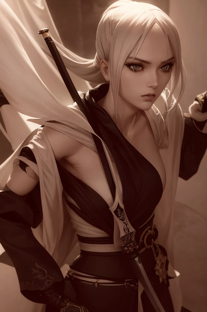 A blind female ninja, white outfit, completely white eyes, beautiful detailed eyes, beautiful detailed lips, extremely detailed face and features, long eyelashes, porcelain skin, graceful pose, katana sword, dark mysterious background, dramatic lighting, cinematic composition, chiaroscuro lighting, dark fantasy, moody atmosphere, high contrast, vibrant colors