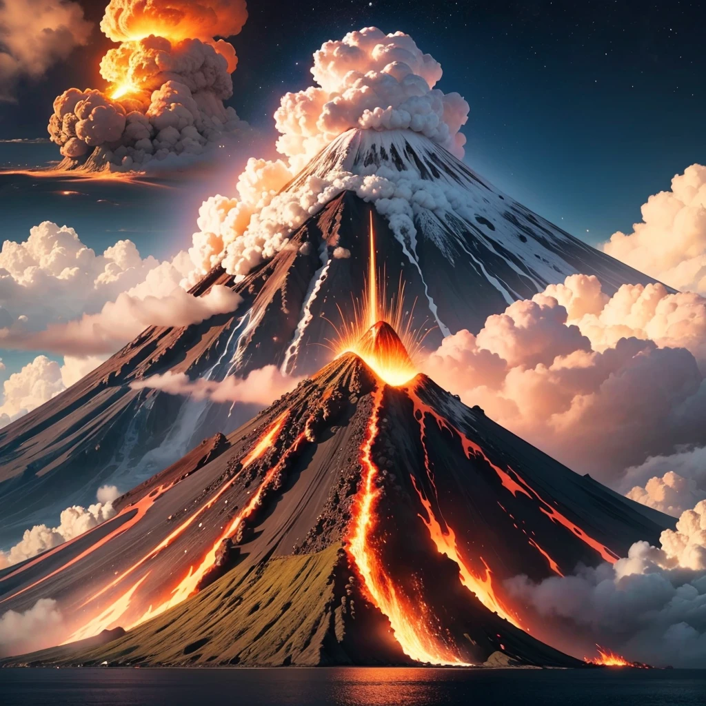 Draw an erupting volcano on the island