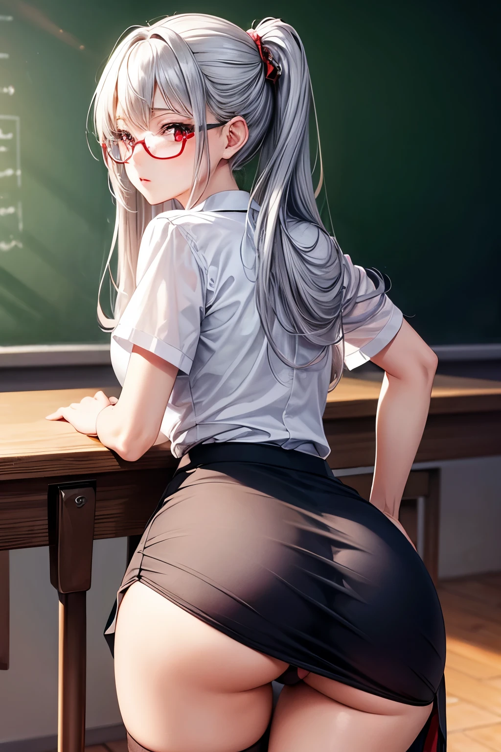 Masterpiece, best quality, aesthetic sense, high resolution, beautiful woman drawn in the best quality and detail, school, teacher, tight skirt outfit, leaning forward, butt sticking out, panty line, long silver hair, red eyes, woman with glasses