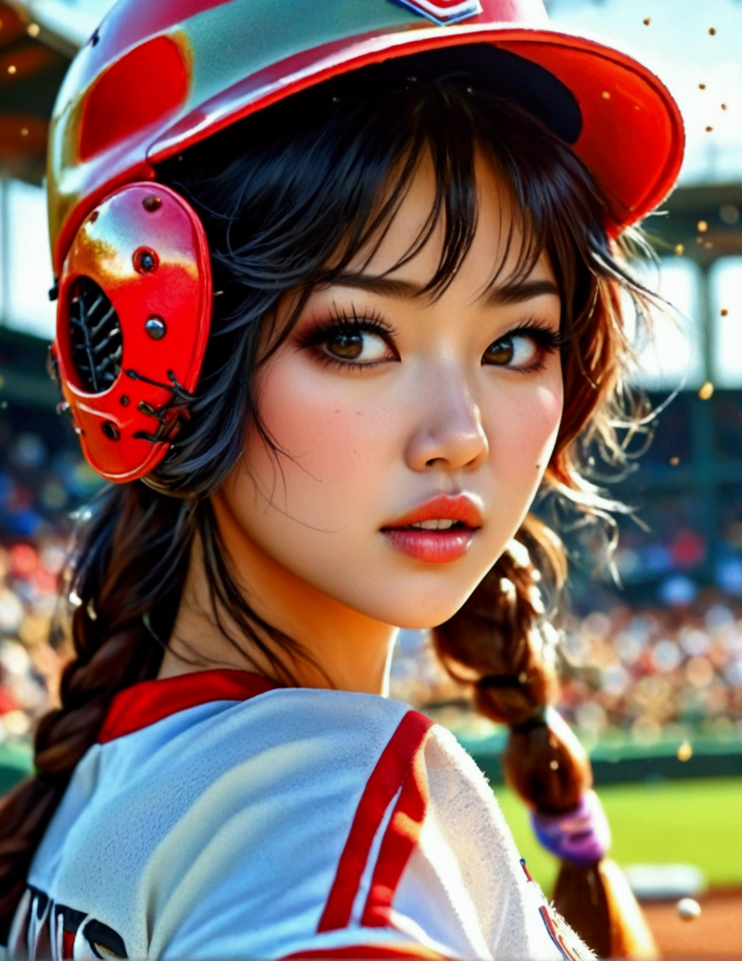 a beautiful japanese woman in a foxy baseball uniform, pitching a ball, detailed facial features, beautiful eyes, detailed lips, long eyelashes, flawless skin, toned athletic body, baseball stadium, cheering crowd, dynamic action, (best quality, 4k, 8k, highres, masterpiece:1.2), ultra-detailed, (realistic, photorealistic, photo-realistic:1.37), HDR, UHD, studio lighting, ultra-fine painting, sharp focus, physically-based rendering, extreme detail description, professional, vivid colors, bokeh, sports, baseball, anime