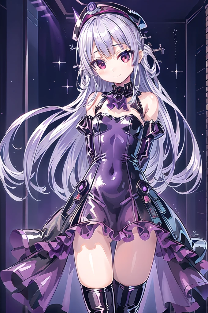 1girl,solo,cowboy shot,standing,(purple hair:1.4),long hair, straight hair,hair_rings, half_updo,(red eyes:1.3),(beautiful fingers:1.4),(perfect anatomy:1.4),(arms_behind_back:1.6),(cold_shoulder:1.2),BREAK,(purple evening dress:1.6),(purple leotard:1.3),(lace glossy silk lamé:1.4),(latex luster shiny glossy:1.6),(shiny_clothes:1.6),small breasts,beautiful breasts,masterpiece,best quality,(Ultra high definition eyes:1.2),8k,(Beautiful detailed eyes:1.2),(Fine and beautiful eyes:1.2),(pretty eyes:1.2),finely detail,extremely CG, absurdres,high resolution,illustration,Detailed and beautiful outlines,finely detail,high resolution,(colorful refraction:1.4,Increase saturation:1.2),beautiful lighting,dynamic lighting,closed room,black background,simple background, smile,looking at viewer,8620Default,armband,purple_headwear,cropped_jacket,long_sleeves,purple_jacket,peaked_cap,white_ascot,white_gloves,open_jacket,(white Clear PVC sheets sleeves:1.6),(sheer sleeves:1.6),(see-through sleeves:1.6),(wide sleeves:1.4),(purple thigh boots:1.4)