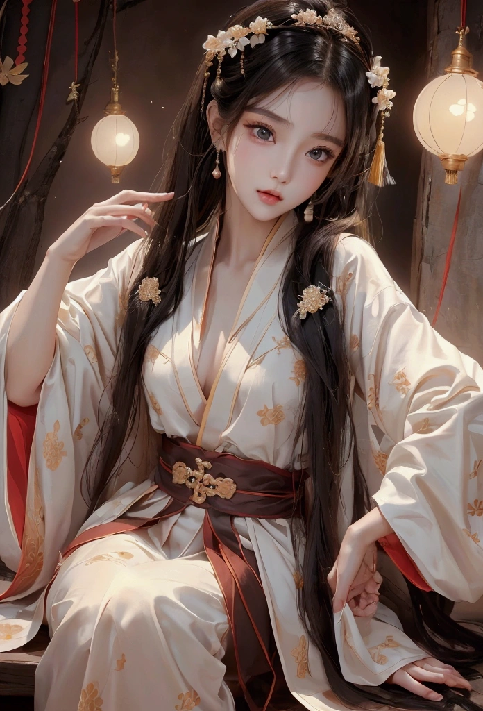 Best image quality、8K、masterpiece:1.3))、Realistic high-quality photos、Highest quality、 Beautiful face、Photos of slim models、Beautiful girl model、Young and pretty face、Beautiful model girl、A lovely and delicate face、Black Hair、Beautiful brown eyes、Young Body、Hanfu, (emphasize)、from the front、Camera gaze,、Anatomically correct、胸の谷間をemphasize、whole body、13-year-old female model