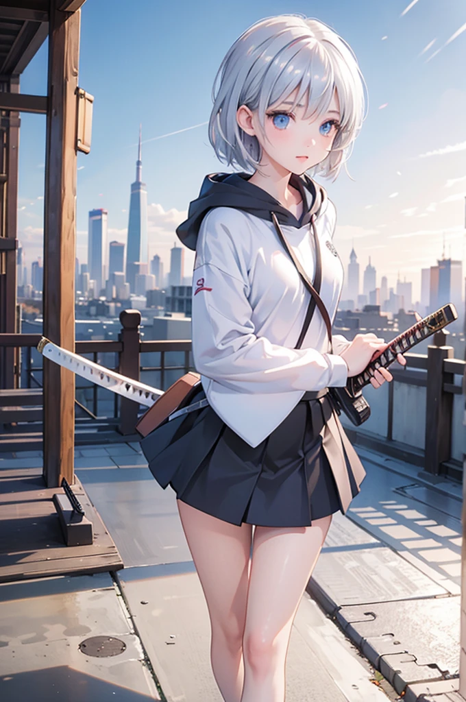 (masterpiece), (best quality), (ultra detailed), (high res 8K), 1 girl, late teenage, standing, contrappost, full body, low angle, hoody, mini-skirt,((katana)), short hair, silver hair, serious, looking away, cityscape in Tokyo, night, rim lighting, high contrast, professional lighting, stunning face, symmetrical clear eyes, detailed eyes and face,(near future)