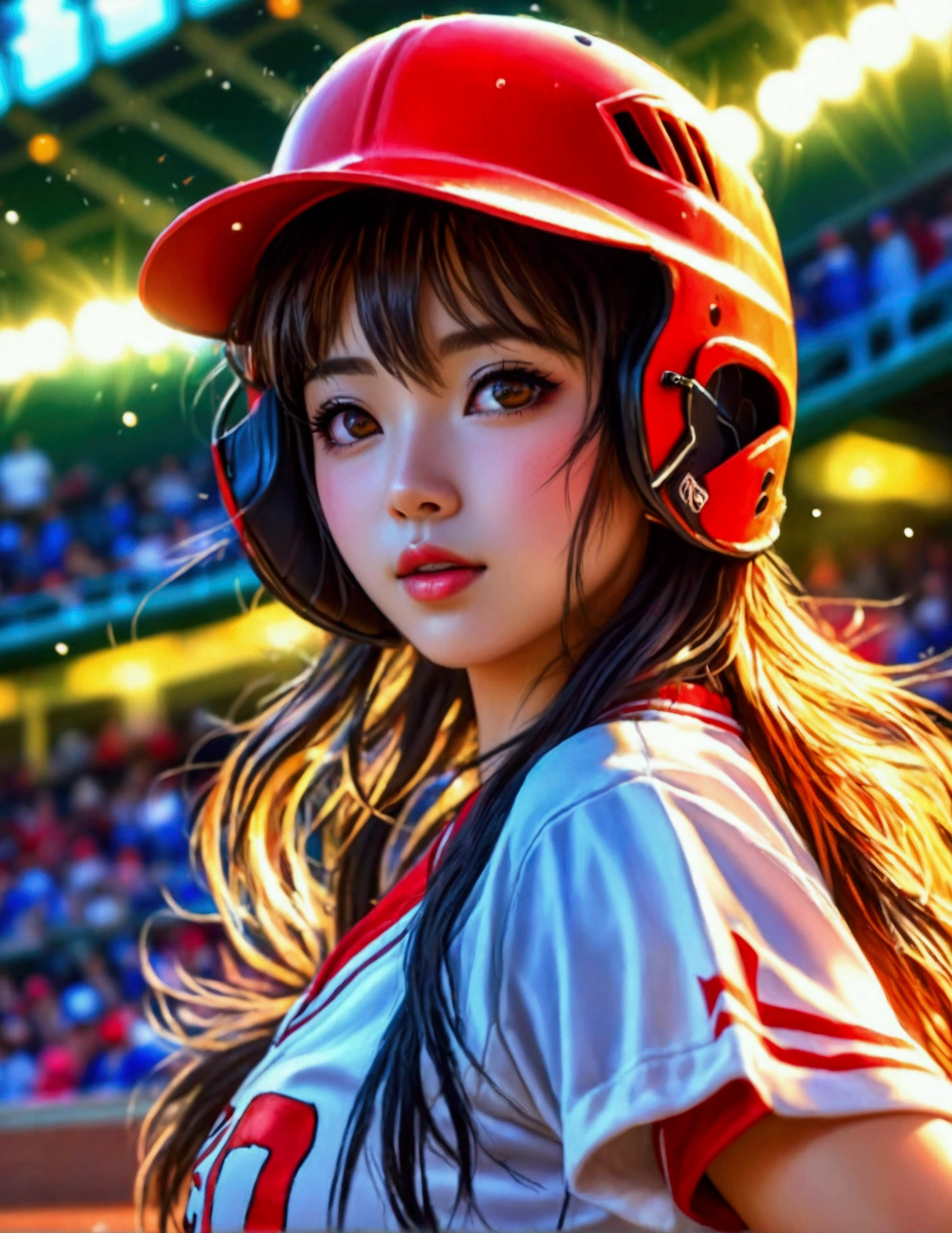 a beautiful japanese woman in a foxy baseball uniform, pitching a ball, detailed facial features, beautiful eyes, detailed lips, long eyelashes, flawless skin, toned athletic body, baseball stadium, cheering crowd, dynamic action, (best quality, 4k, 8k, highres, masterpiece:1.2), ultra-detailed, (realistic, photorealistic, photo-realistic:1.37), HDR, UHD, studio lighting, ultra-fine painting, sharp focus, physically-based rendering, extreme detail description, professional, vivid colors, bokeh, sports, baseball, anime