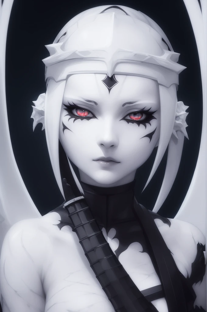 A blind female ninja, white outfit, completely white eyes, beautiful detailed eyes, beautiful detailed lips, extremely detailed face and features, long eyelashes, porcelain skin, graceful pose, katana sword, dark mysterious background, dramatic lighting, cinematic composition, chiaroscuro lighting, dark fantasy, moody atmosphere, high contrast, vibrant colors, Fullbody portrait.