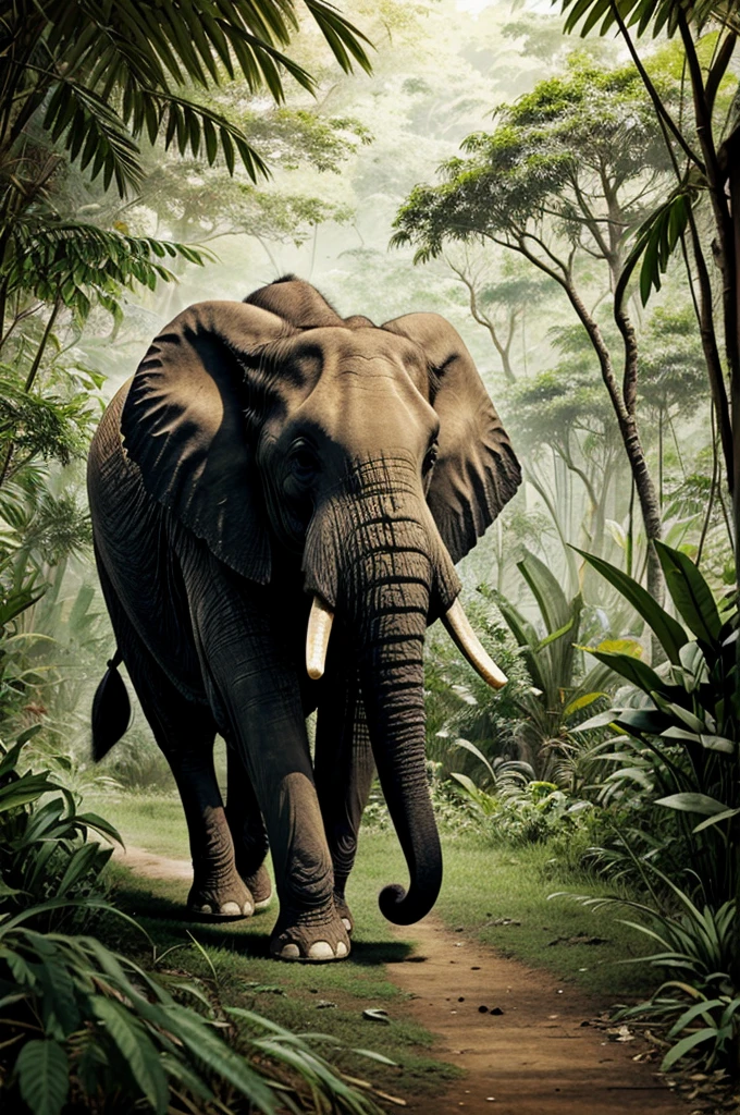 Line art cartoon drawing of a elephant looking for food in a jungle
