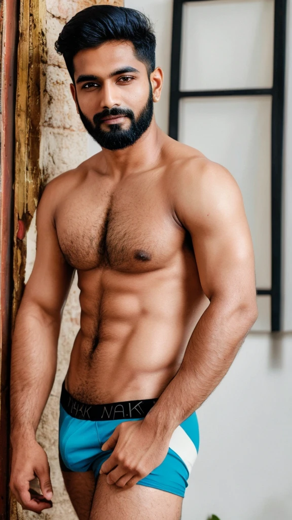 A sexy indian adult male model wearing boxer underwear, posing for photo shoot, best quality photo, masterpiece, handsome face , detailed features, homoerotic , short beard 