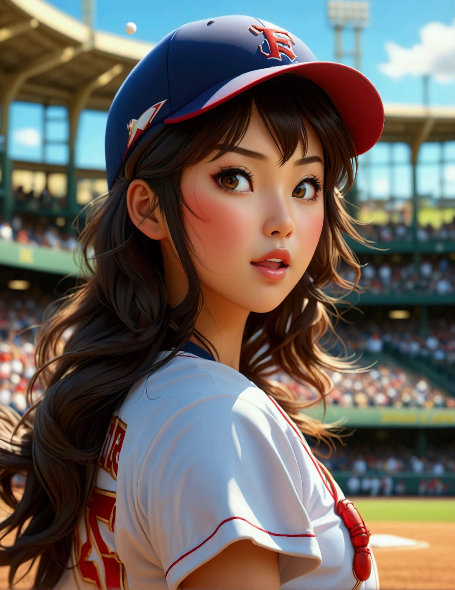 a beautiful japanese woman in a foxy baseball uniform, pitching a ball, detailed facial features, beautiful eyes, detailed lips, long eyelashes, flawless skin, toned athletic body, baseball stadium, cheering crowd, dynamic action, (best quality, 4k, 8k, highres, masterpiece:1.2), ultra-detailed, (realistic, photorealistic, photo-realistic:1.37), HDR, UHD, studio lighting, ultra-fine painting, sharp focus, physically-based rendering, extreme detail description, professional, vivid colors, bokeh, sports, baseball, anime

