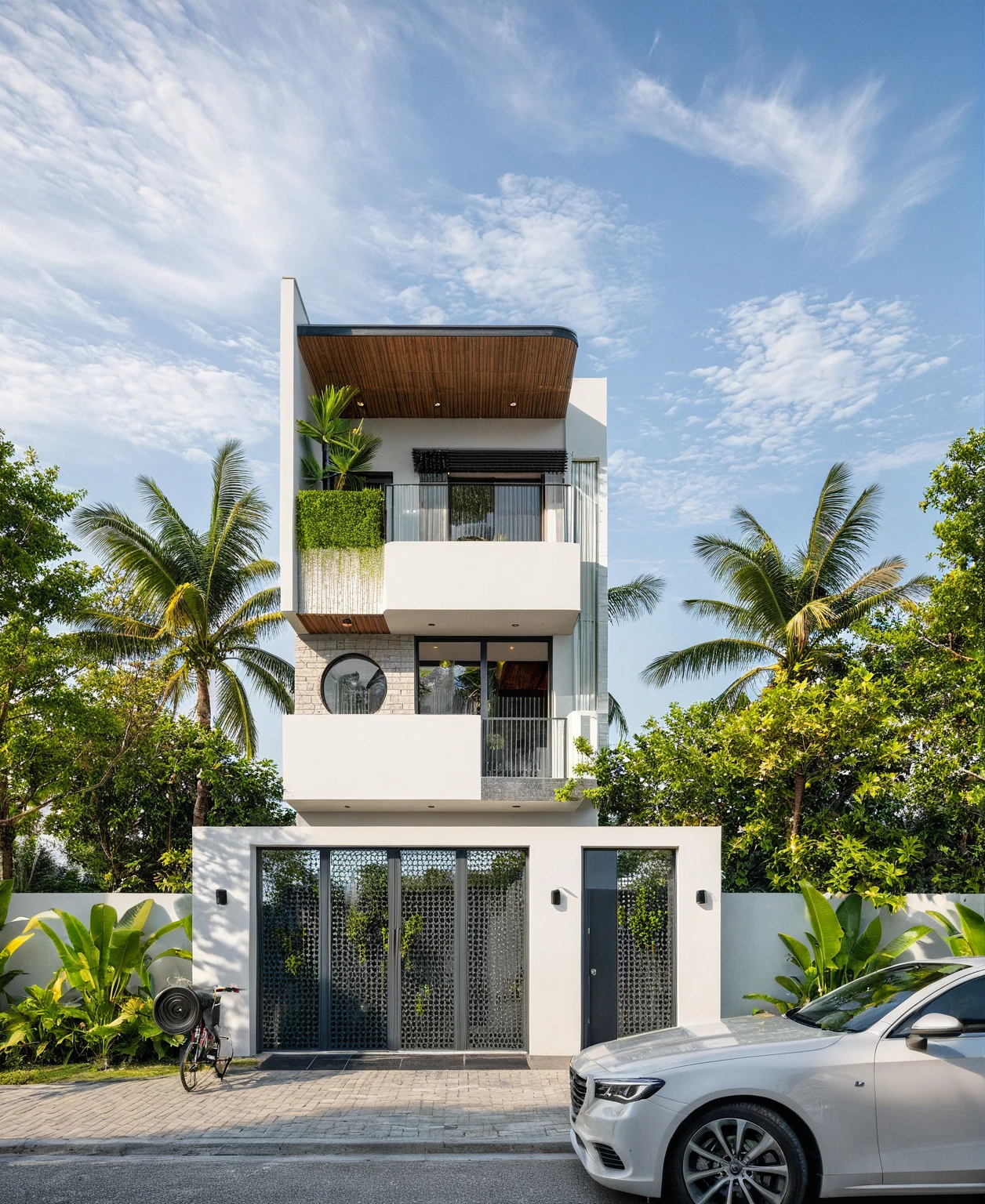 Raw photo, great product, high quality, best quality, authentic, super detailed, outdoor, 2-storey house, modern townhouse style, (white wall), Gray stone fence, painted curved wall white, Curved wall facade, aluminum glass door interior, white painted curved planter, gray tiled wall, gray iron box outer gate, road, sidewalk, grass, trees, sky, clouds, (daylight):1.1)