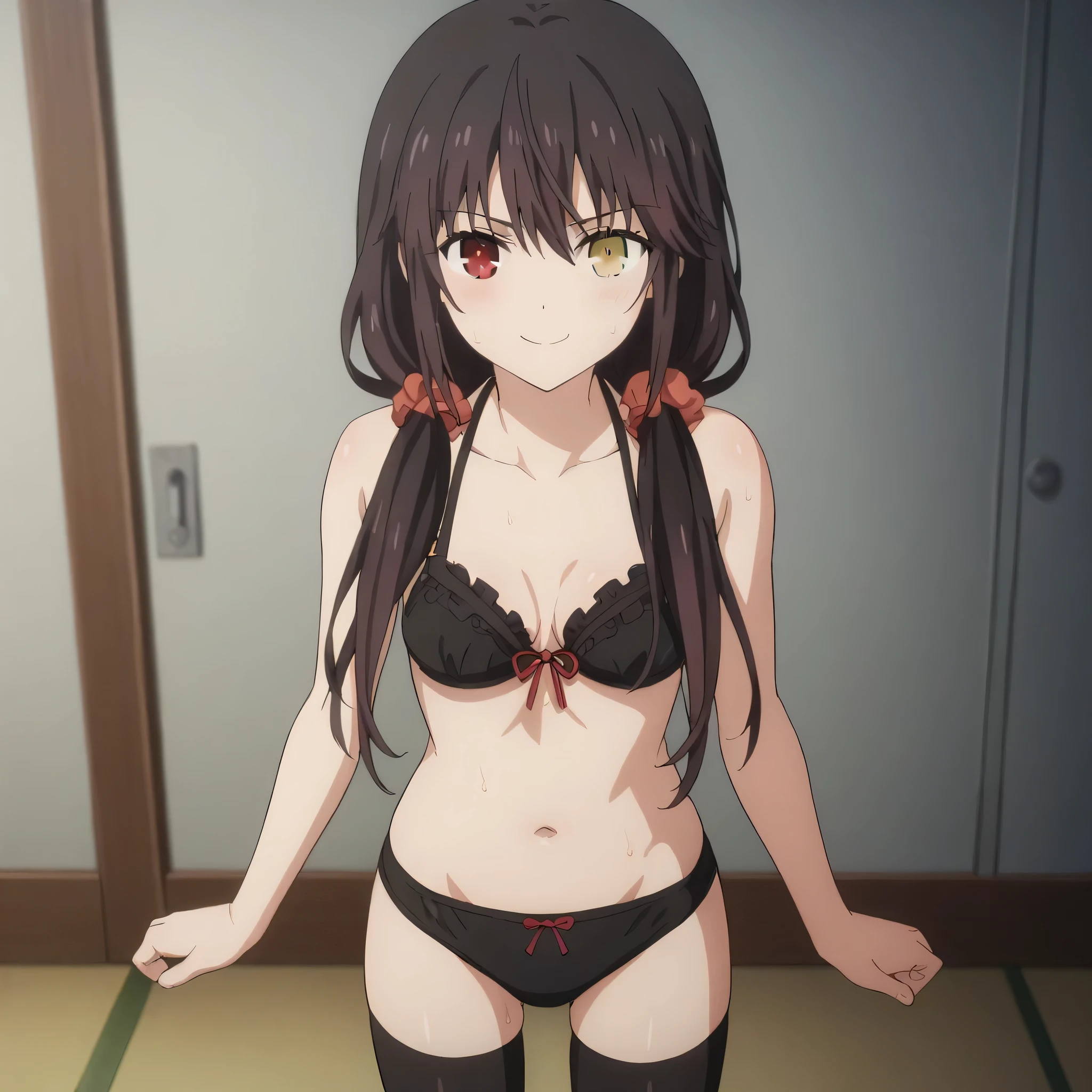 score_9, score_8_up, score_7_up, source_anime,
kurumitokisaki, kurumi tokisaki, black hair, golden right eye(clock eye), heterochromia and red eyes, long hair, (bunches)
bare shoulder, ribbon, Black bra, bikini, briefs, black bikini, twintails, low twintails, black silk leggings
indoors, outdoor, smile,
looking at viewer, solo, standing on the floor, sweat