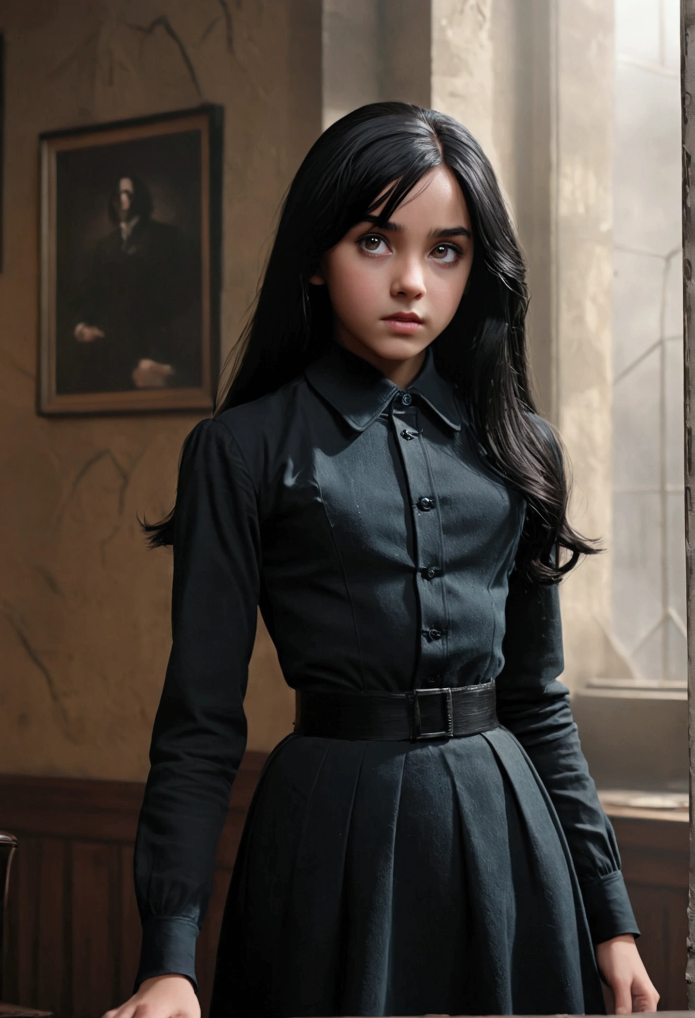 daughter of severus snape, (best quality,4k,8k,highres,masterpiece:1.2),ultra-detailed,realistic,portrait of a beautiful 10-year-old teen with black hair, 1girl in、 (Masterpiece, Best Quality), 8k Wallpaper, highly detailed, poster, vintage spy film, 1960s, sexy erotic female, spy thriller cinematic movie poster, Blaxploitation, shapes, lines, abstract, propaganda, mid century modern, movie poster, vintage,
