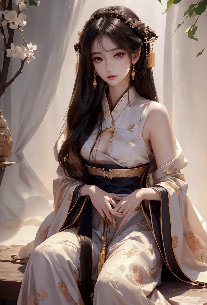 Best image quality、8K、masterpiece:1.3))、Realistic high-quality photos、Highest quality、 Beautiful face、Photos of slim models、Beautiful girl model、Young and pretty face、Beautiful model girl、A lovely and delicate face、Black Hair、Beautiful brown eyes、Young Body、Hanfu, (emphasize)、from the front、Camera gaze,、Anatomically correct、胸の谷間をemphasize、whole body、13-year-old female model