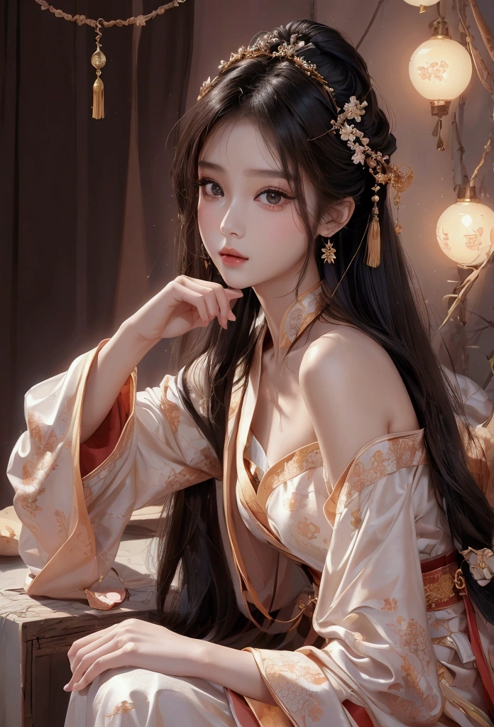 Best image quality、8K、masterpiece：1.3))、Realistic high-quality photos、Highest quality、 Beautiful face、Photos of slim models、Beautiful girl model、Young and pretty face、Beautiful model girl、A lovely and delicate face、Black Hair、Beautiful brown eyes、Young Body、Hanfu, (emphasize)、from the front、Camera gaze,、Anatomically correct、胸の谷間をemphasize、whole body、13-year-old female model